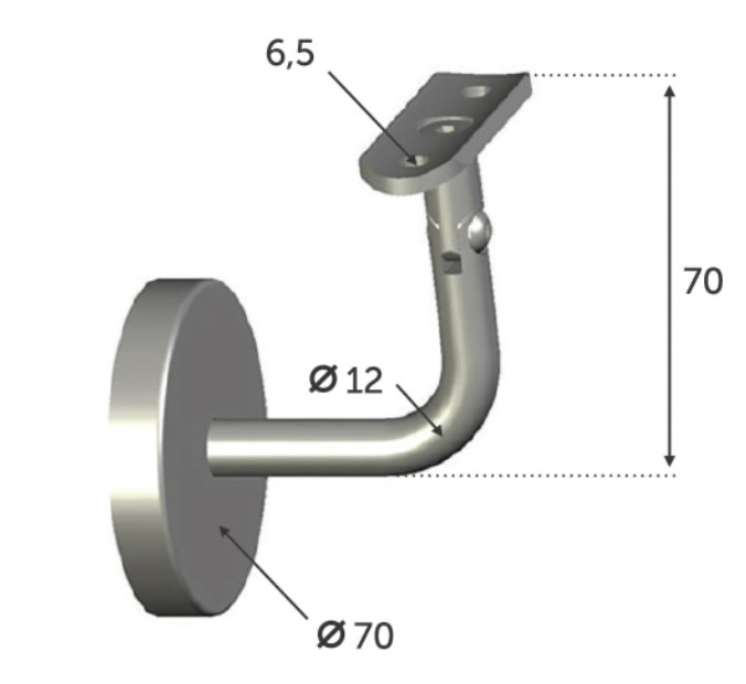 Support mural de main courante ronde, fixe de 90 degrés, <b>réglable</b> Avec Cache Vis. Longueur 82mm Hauteur 70mm, platine ronde de diamètre 70mm, compatible avec des tubes de diamètre extérieur de 42,4mm en inox ou en bois. En inox 304. À visser au mur grâce à 3 trous de diamètre 5mm, et à visser à la main courante grâce à 2 trous de diamètre 6,5mm (visserie non fournie). Permet d'être utilisé en intérieur comme en extérieur et même en bord de mer.