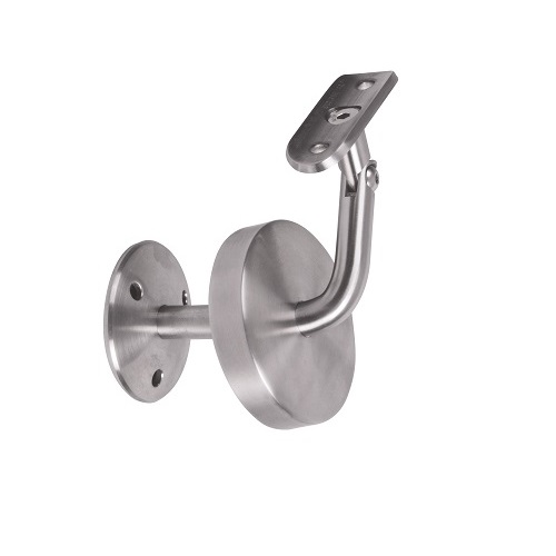 Support mural de main courante ronde, fixe de 90 degrés, <b>réglable</b> Avec Cache Vis. Longueur 82mm Hauteur 70mm, platine ronde de diamètre 70mm, compatible avec des tubes de diamètre extérieur de 42,4mm en inox ou en bois. En inox 304. À visser au mur grâce à 3 trous de diamètre 5mm, et à visser à la main courante grâce à 2 trous de diamètre 6,5mm (visserie non fournie). Permet d'être utilisé en intérieur comme en extérieur et même en bord de mer.
