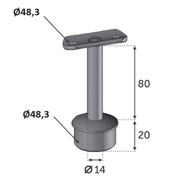 Support de main courante ronde, fixe et droit. Longueur 80mm longueur du manchon 20mm diamètre 48,3mm, compatible avec des tubes de diamètre extérieur de 48,3mm en inox ou en bois. En inox 304. À manchonner dans le tube support, et à visser à la main courante grâce à 2 trous de diamètre 6,5mm (visserie non fournie). Permet d'être utilisée en intérieur comme en extérieur et même en bord de mer. Existe en version réglable (ref 30231).