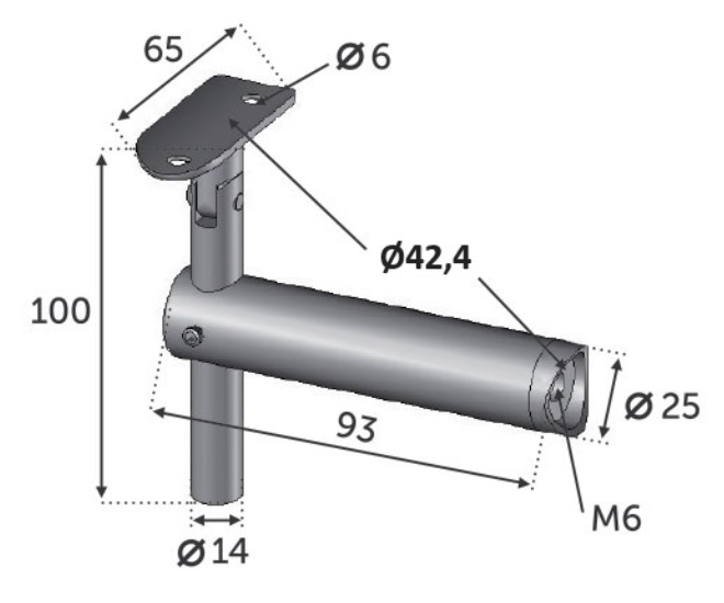 Support de main courante ronde, platine inclinable en avant ou en arrière pour rampant. Longueur 93mm Hauteur 100mm <b>réglable</b>, platine ovale de longueur 65mm, compatible avec des tubes ronds en inox ou en bois de diamètre 42,4mm. En inox 304. À visser sur un poteau grâce à un taraudage pour tige filetée M6, et à visser à la main courante grâce à 2 trous de diamètre 6mm (visserie non fournie). Permet d'être utilisé en intérieur comme en extérieur et même en bord de mer. Existe en version fixe pour garde corps droit (ref 30202)