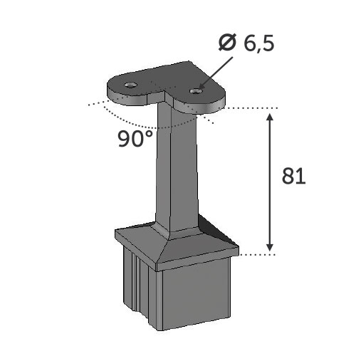 Support de main courante Pour un tube carré de 40x40mm et d'une épaisseur de 2mm. Ouverture de 90 degrés. En inox 316.compatible avec tube réf 30400916 et connecteur réf 30422916