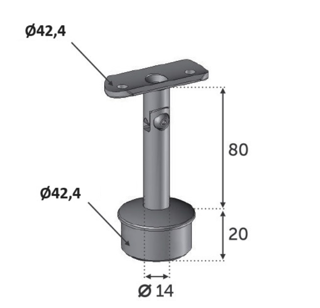 Support de main courante ronde, <b>inclinable pour rampant</b>. Longueur 80mm longueur du manchon 20mm diamètre 42,4mm, compatible avec des tubes de diamètre extérieur de 42,4mm en inox ou en bois. En inox 304. À manchonner dans le tube support, et à visser à la main courante grâce à 2 trous de diamètre 6,5mm (visserie non fournie). Permet d'être utilisée en intérieur comme en extérieur et même en bord de mer. Existe en version inox 316 ( ref 3023016) et en version fixe (ref 30200).