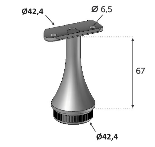 Support de main courante ronde, fixe et droit. Longueur 67mm diamètre 42,4mm, compatible avec des tubes de diamètre extérieur de 42,4mm en inox ou en bois. En inox 316. À manchonner dans le tube support, et à visser à la main courante grâce à 2 trous de diamètre 6,5mm (visserie non fournie). Permet d'être utilisée en intérieur comme en extérieur et même en bord de mer. Existe en version réglable (ref 3023216).