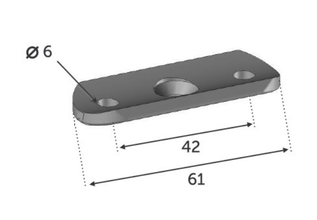 Patte de support pour un tube carré de largeur 40mm. Longueur 61mm entraxe 42mm. Fixation par vis (non fournies) par 2 trous diamètre 6,5mm. En inox 304.