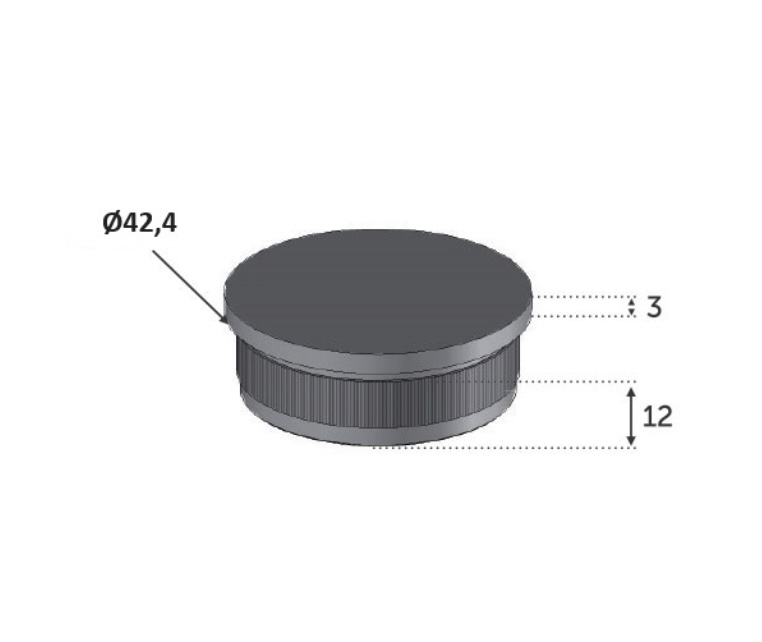 Finition pour tube rond de diamètre 42,4mm, bouchon, effet plat. Hauteur visible 3mm hauteur totale 15mm, largeur 42,4mm. En inox 316. À insérer dans le tube et à coller (colle non fournie). Permet d'être utilisé en intérieur comme en extérieur et même en bord de mer. Existe en version inox 304 (ref 30300) et en version Ø48,3mm (ref 30301).
