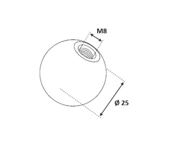 Boule de finition pour câble de diamètre Ø6mm. Diamètre extérieur 25mm diamètre intérieur taraudage M8. En inox 316. À visser au bout du câble et/ou à coller (colle non fournie). Permet d'être utilisé en intérieur comme en extérieur et même en bord de mer. Existe en version M6 (ref 30309).