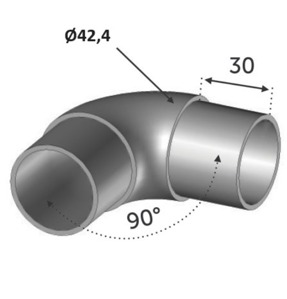 Connecteur à 90 degrés arrondi pour un tube d'un diamètre de 42.4mm et d'une épaisseur de 2mm. En inox 316.