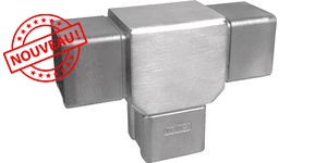 Connecteur droit de main courante carré en T, fixe, pour trois tubes. Longueur totale 110mm, hauteur visible 45mm, compatible avec des tubes carré en inox de largeur 40mm. En inox 316. À manchonner dans les tubes et à coller avec une colle bi composant. Précaunisé pour un usage en extérieur ou intérieur, convient en bord de mer.