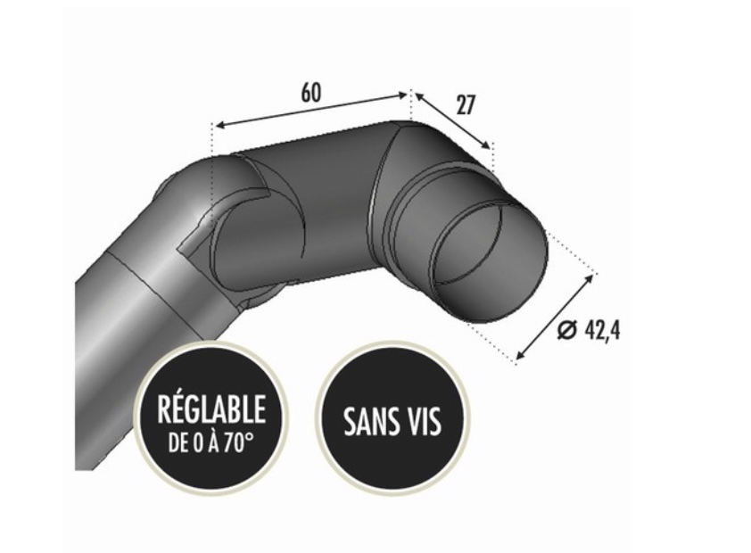 Connecteur de main courante ronde, réglable 0 à 70°, effet arrondi, <b>pour côté gauche</b>. Permet la jonction d'une main entre un escalier et un palier. Longueur totale d'un côté 60mm, longueur du manchon 25mm, compatible avec des tubes ronds en inox de diamètre 42,4mm. En inox 316. À manchonner dans les tubes et à coller avec une colle bi composant. Préconisé pour un usage en intérieur ou extérieur, même en bord de mer. Existe en version inox 304 (ref 304202).