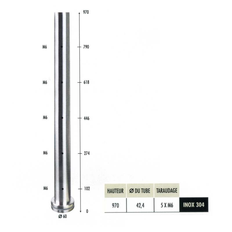 Poteau adapté à une marche d'un diamètre de 42.4mm et d'une hauteur de 970mm. Base d'un diamètre de 60mm. En inox 304 percer et tarauder M6. Il est livré avec les pièces nécessaires à son assemblage sur une marche. Tube prépercé de 5 trous taraudés M6 pour connecteurs rond plein ou câble (non fournis) avec bague taraudée ØM12 soudée à l'intérieur du tube -Collerette en pied de tube Ø60mm-Bague intérieure au tube soudée-Rondelle caoutchouc pour protéger le dessus de la marche-Rondelle de serrage pour fixer l'ensemble par le dessous de la marche