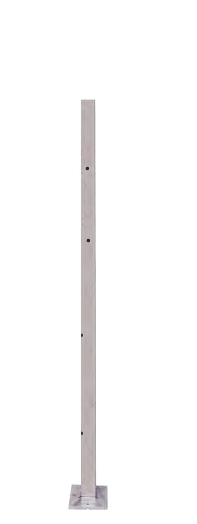 Poteau carré d'angle, en inox 316. Hauteur 970mm Largeur 40mm avec 4 trous taraudés en M6 ainsi que 4 trous taraudés en M8. Ce poteau convient pour une pause mixte à la fois câble ou rond plein et verres. Platine de fixation soudée Ø100mm epaisseur 8mm pré percée de 4 trous.