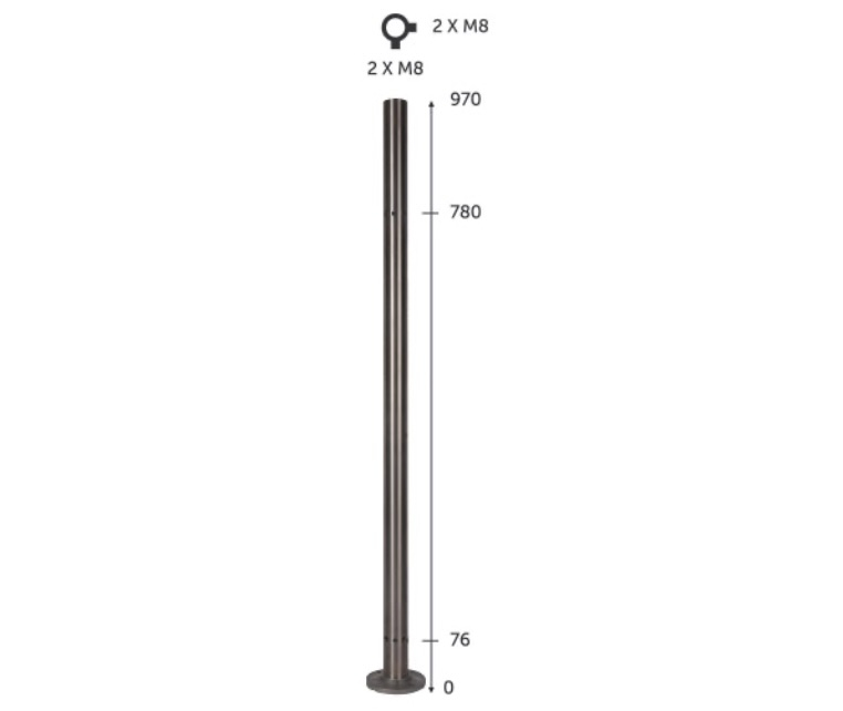 Poteau d'angle en inox 316 d'une hauteur de 970mm. 4 trous taraudés M8 pour du verre. Platine de fixation Ø100mm ep 15 - 4 trous Ø10,5mm