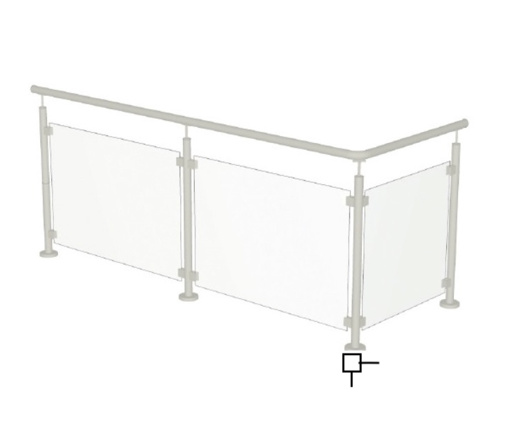 Poteau d'angle carré, en inox 316. Hauteur de 970mm Largeur 40mm. 4 trous taraudés M8 pour adapter 2 pinces à verre de chaque côté. Platine de fixation soudée de diamètre Ø100mm epaisseur 8mm pré percée de 4 trous.