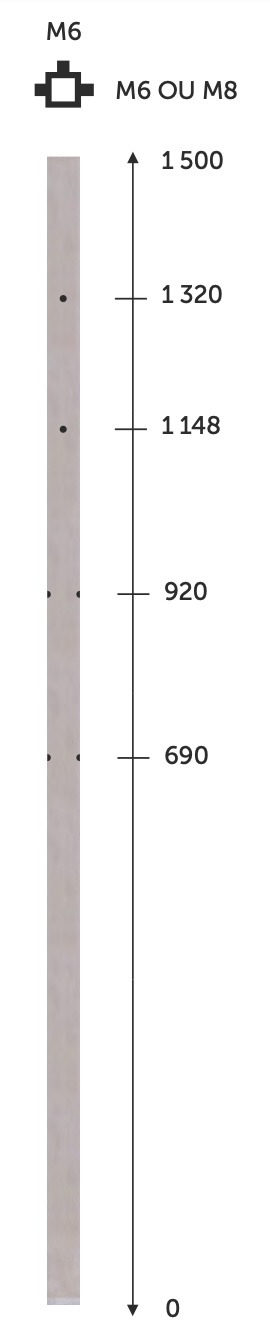 Poteau d'<b>angle</b> carré pour une <b>fixation à l'anglaise et un montage traversant</b> pour câble de diamètre Ø4mm ou Ø6mm, en inox 316. Hauteur 1500mm Largeur 40mm, percé de 5 trous en taraudage M6. Convient pour une utilisation en intérieur ou en extérieur, même en bord de mer. À compléter avec un support de fixation à l'anglaise et un support de main courante. Existe en version rond de Ø42,4mm.