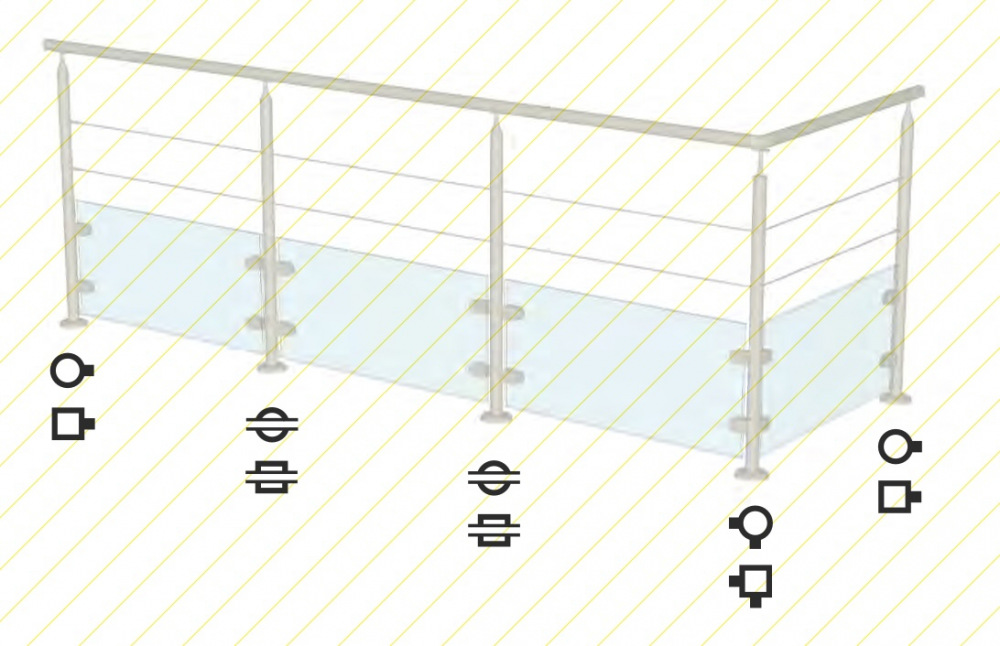 Poteau carré d'angle pour montage traversant, en inox 316. Hauteur de 970mm Largeur 40mm. Perçages à 90 degrés de quatres trous taraudés en M6 en haut pour le câble Ø6mm ainsi que 4 trous taraudés en M8 en bas pour les pinces à verrre. Platine de fixation soudée largeur 100mm épaisseur 15mm pré percée de 4 trous.