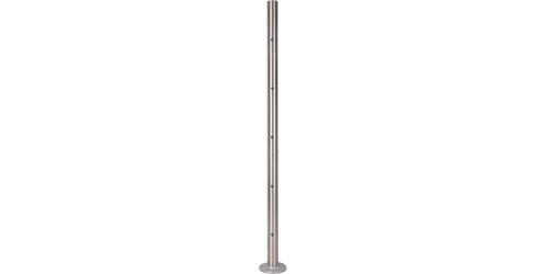 Poteau de départ pour pose en applique et montage câble ou rond plein, en inox 316. Hauteur 970mm Diamètre Ø42,4mm. Percé de cinq trous taraudés en M6. Pour des câble ou des barres rondes. Livré sur un platine soudées de diamètre Ø100mm pré percées épaisseur 15mm. À utiliser avec les connecteurs en applique.