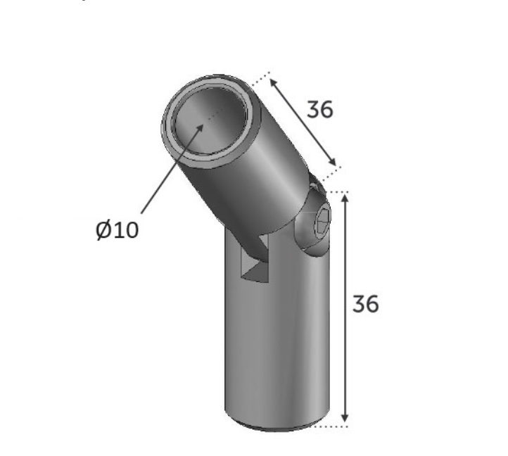 Raccord articulé, en inox 316. Hauteur 36mm Longueur 36mm. Convient pour la connection de tube en rond plein de diamètre Ø10mm. Réglable par vis. Fixation des tubes par colle inox. Utilisation en intérieur ou en extérieur, y compris en bord de mer. Existe en différentes dimensions et en inox 304.