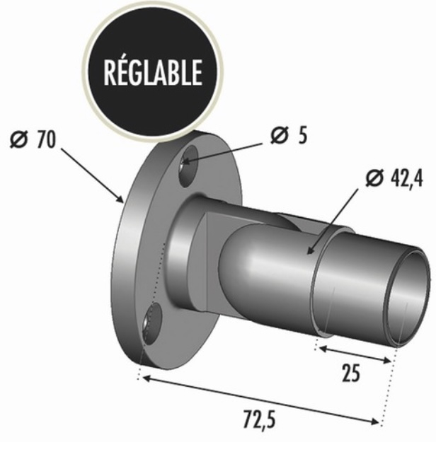 Connecteur Mural Réglable orientable de 90 a 270 degrés pour un tube d'un diamètre de 42.4mm. En inox 316. En inox 316.