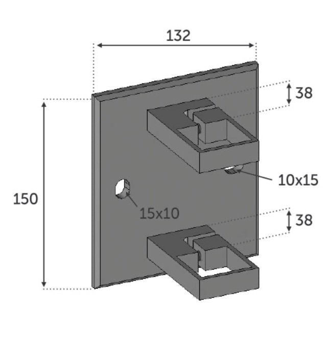 Platine carrée pour fixation à l'anglaise de tube carré largeur 40mm, en inox 316. Largeur 150mm Longueur 132 épaisseur 10mm. Doit être fixée au mur par vis, grâce à deux trous pré percés de dimension 15x10mm, le tube rond sera maintenu par cerclage vissé. Convient pour un usage en intérieur et extérieur, y compris en bord de mer.