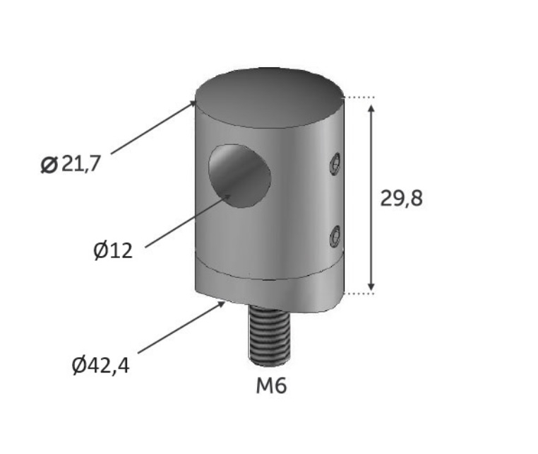 Connecteur permettant le pose en applique de barre ronde de diamètre 10mm sur un poteau rond de diamètre 42,4mm, en inox 304. Longueur 29,8mm Diamètre Ø21,7mm perçage Ø12mm. À visser sur le poteau par une tige fileté en taraudage M6. Convient pour une utilisation en intérieur. Plusieurs dimensions existent.