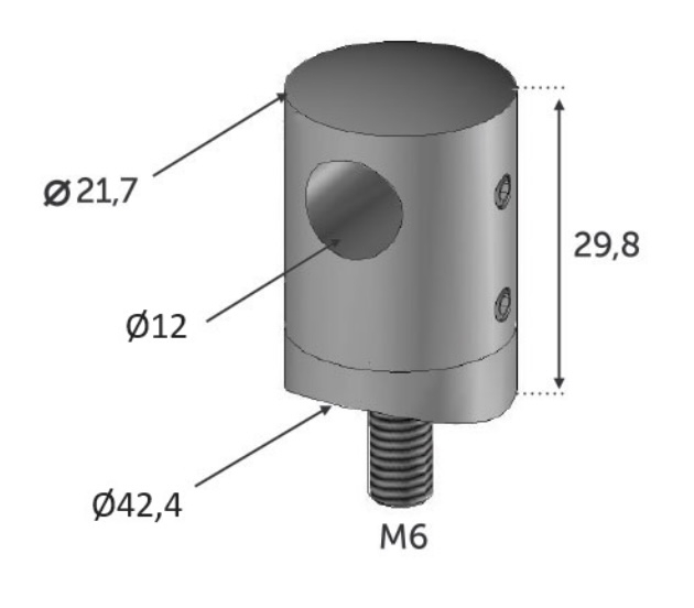 Connecteur avec un perçage d'un diamètre de 12mm. Fixation sur un tube d'un diamètre de 42.4mm. En inox 316.