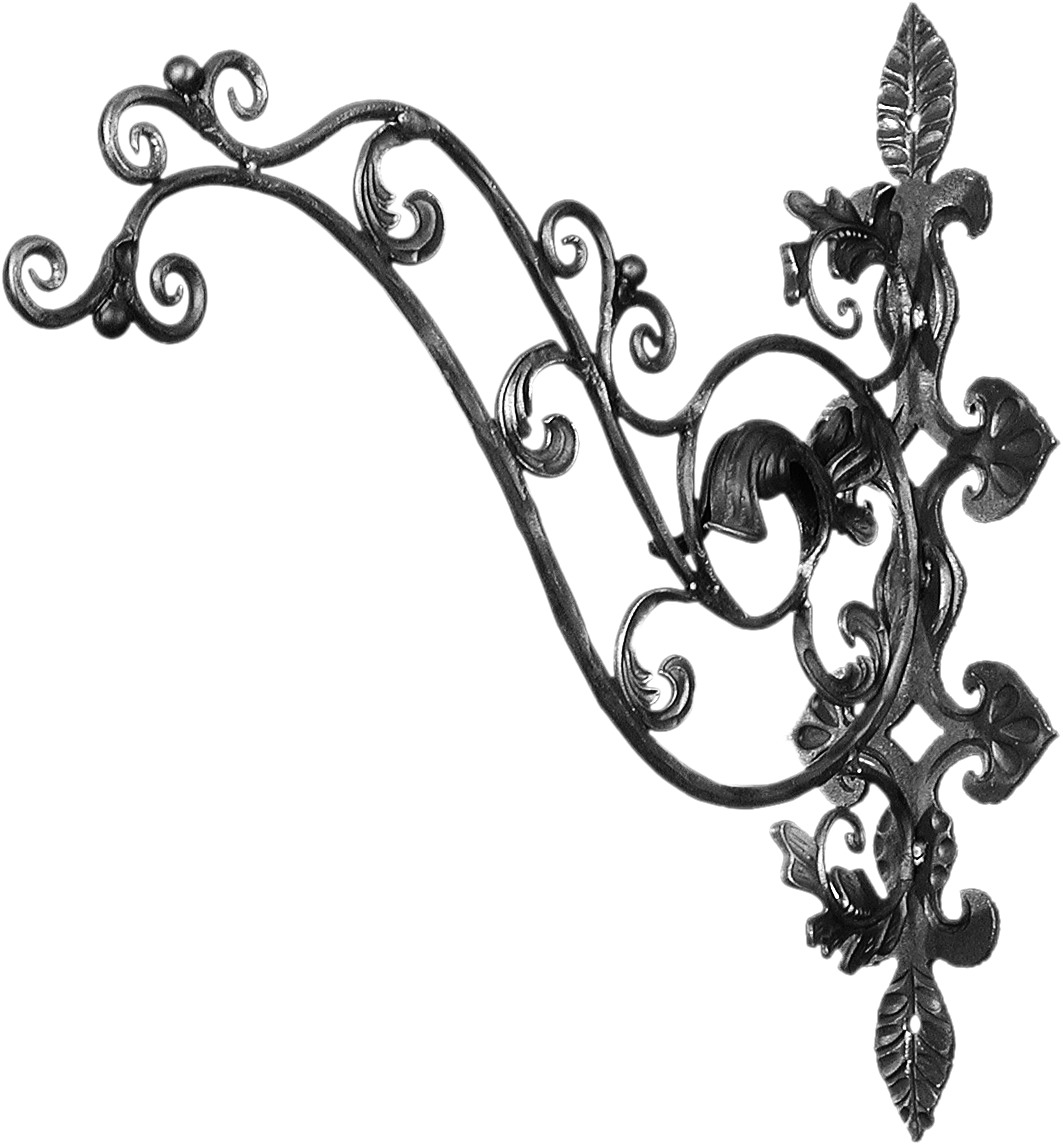 Porte enseigne composé de volutes style floral. Hauteur total de 660mm et longueur de 650mm. En fer rond de diamètre 14mm. état brut prèt à peindre