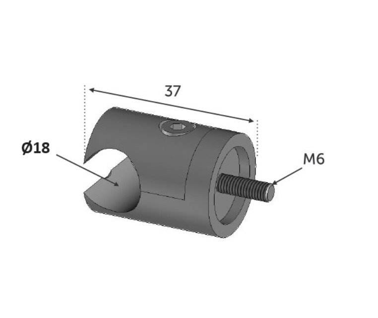 Connecteur permettant le pose en applique de profil d'encadrement de tôle de diamètre 18mm sur un poteau carré, en inox 304. Longueur 37mm perçage Ø18mm. À visser sur le poteau par une tige fileté en taraudage M6. Convient pour une utilisation en intérieur. Plusieurs dimensions existent. À utiliser avec ref 30499