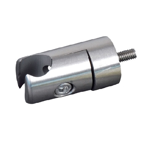 Connecteur permettant le pose en applique de profil d'encadrement de tôle de diamètre 18mm sur un poteau carré, en inox 304. Longueur 37mm perçage Ø18mm. À visser sur le poteau par une tige fileté en taraudage M6. Convient pour une utilisation en intérieur. Plusieurs dimensions existent. À utiliser avec ref 30499