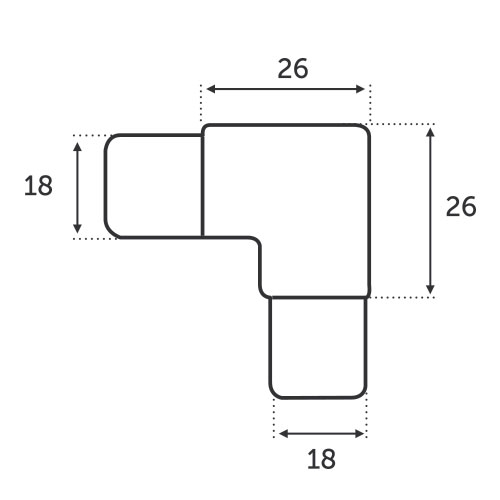 Raccord de 90 degrés pour un profil rectangle de 18x12mm. En inox 304.