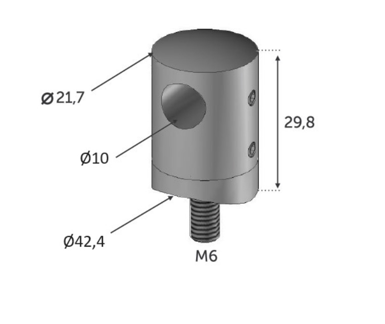 Connecteur permettant le pose en applique de barre ronde de diamètre 10mm sur un poteau rond de diamètre 42,4mm, en inox 304. Longueur 29,8mm Diamètre Ø21,7mm perçage Ø10mm. À visser sur le poteau par une tige fileté en taraudage M6. Convient pour une utilisation en intérieur. Plusieurs dimensions existent.