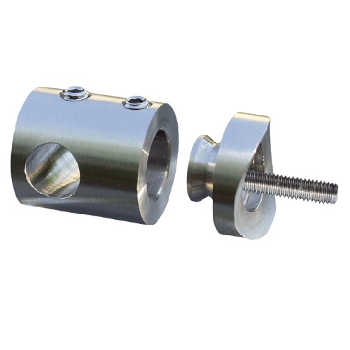 Connecteur permettant le pose en applique de barre ronde de diamètre 10mm sur un poteau rond de diamètre 42,4mm, en inox 304. Longueur 29,8mm Diamètre Ø21,7mm perçage Ø10mm. À visser sur le poteau par une tige fileté en taraudage M6. Convient pour une utilisation en intérieur. Plusieurs dimensions existent.