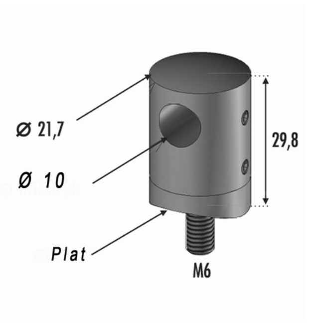 Connecteur permettant le pose en applique de barre ronde de diamètre 10mm sur un poteau carré, en inox 304. Longueur 29,8mm Diamètre Ø21,7mm perçage Ø10mm. À visser sur le poteau par une tige fileté en taraudage M6. Convient pour une utilisation en intérieur. Plusieurs dimensions existent.
