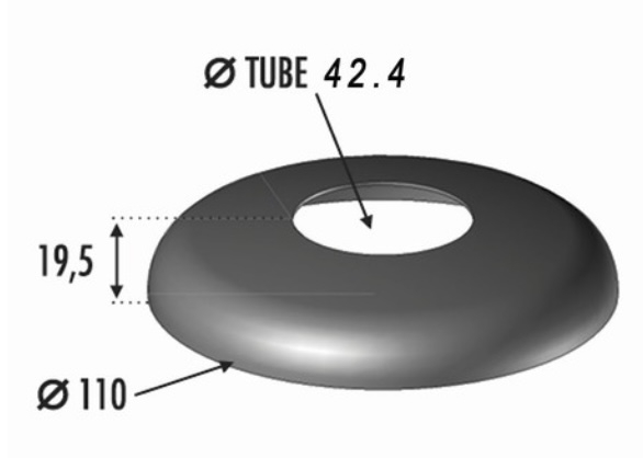 Cache platine rond pour barreau d'un diamètre de 42,4mm, en inox 304. Diamètre de la base 110mm. Fixation par soudure. Cet habillage de la base du barreau permet de cacher les soudures ou le scellement, il apportera un raffinement à votre fabrication par ce détail de finition. Convient pour une utilisation en intérieur. D'autres dimensions existent. Compatible avec la platine référence 300100.