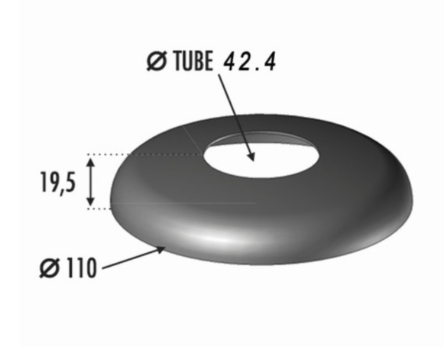 Cache platine rond pour barreau d'un diamètre de 42,4mm, en inox 316. Diamètre de la base 110mm. Fixation par soudure. Cet habillage de la base du barreau permet de cacher les soudures ou le scellement, il apportera un raffinement à votre fabrication par ce détail de finition. Convient pour une utilisation en intérieur ou en extérieur. D'autres dimensions existent. Compatible avec la platine référence 30010016.