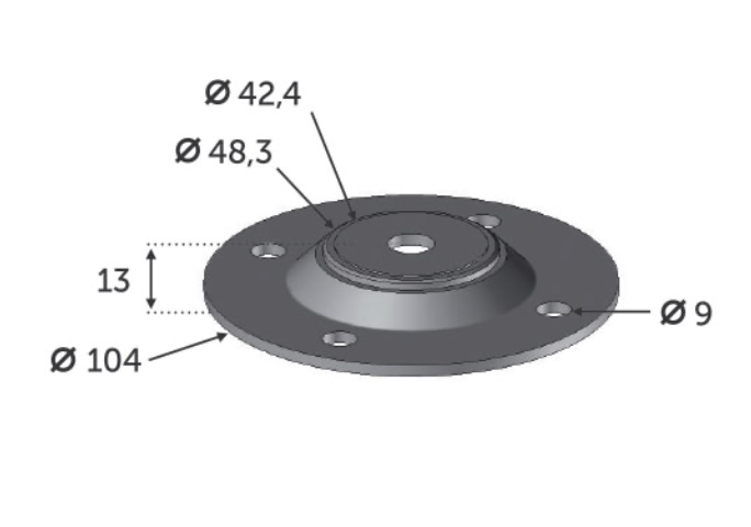 Support de type platine, connexion pour tube rond. Largeur 104mm Hauteur 13mm convient pour un tube de diamètre extérieur de 42,4mm ou 48,3mm à l'aide de 2 rainures différentes (le tube rentre à l'intérieur de la platine). À visser grâce à 4 trous de diamètre 9mm. En inox 304. L'inox est peu sensible à la corrosion. Pour une finition esthétique, à compléter avec le cache 30511.