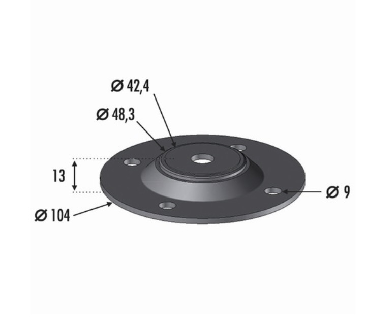 Support de type platine, connexion pour tube rond. Largeur 104mm Hauteur 13mm convient pour un tube de diamètre extérieur de 42,4mm ou 48,3mm à l'aide de 2 rainures différentes (le tube rentre à l'intérieur de la platine). À visser grâce à 4 trous de diamètre 9mm. En inox 316. L'inox est peu sensible à la corrosion, convient pour un usage en bord de mer. Pour une finition esthétique, à compléter avec le cache 30511.