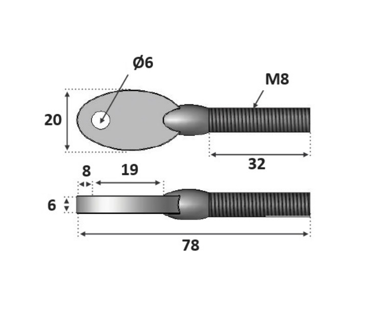 Oeillet design. Filetage en M8 de longueur 32mm. Longueur totale 78mm épaisseur 6mm percé diamètre Ø6mm. En inox 316, convient pour une utilisation en intérieur ou en extérieur. Permet la liaison entre le poteau (muni d'une vis) et une chape qui tiendra la fixation tendeur pour câble. Peut être monté sur un garde corps droit ou rampant.