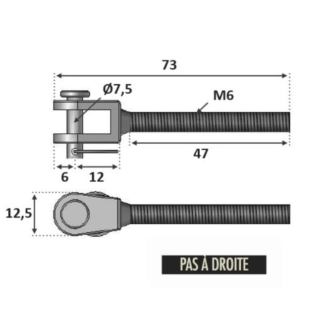 Chape standard filetée M6 avec son <b>pas à droite</b>.Longueur totale 73mm, longueur du filetage 47mm, diamètre de la goupille Ø7,5mm, largeur 12,5mm. En inox 316, convient pour une utilisation en intérieur ou en extérieur. Pièce pour montage sans poteau à l'aide de la platine ronde avec anneau référence 30108 ou 30107 et d'un tendeur de câble référence 3062222, par exemple. Existe en filetage M8, référence 3062418.