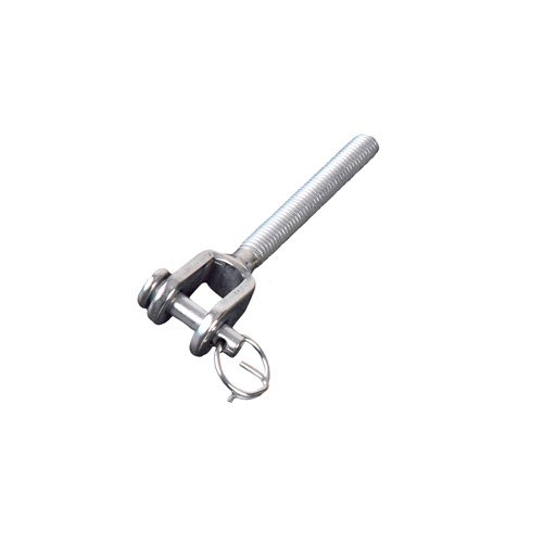 Chape standard filetée M6 avec son <b>pas à droite</b>.Longueur totale 73mm, longueur du filetage 47mm, diamètre de la goupille Ø7,5mm, largeur 12,5mm. En inox 316, convient pour une utilisation en intérieur ou en extérieur. Pièce pour montage sans poteau à l'aide de la platine ronde avec anneau référence 30108 ou 30107 et d'un tendeur de câble référence 3062222, par exemple. Existe en filetage M8, référence 3062418.