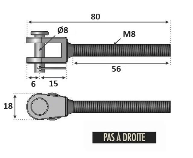 Chape standard filetée M8 avec son <b>pas à droite</b>.Longueur totale 80mm, longueur du filetage 56mm, diamètre de la goupille Ø8mm, largeur 18mm. En inox 316, convient pour une utilisation en intérieur ou en extérieur. Pièce pour montage sans poteau à l'aide d'une platine ronde avec anneau et d'un tendeur de câble, droit ou rampant. Existe en filetage M6, référence 306241.