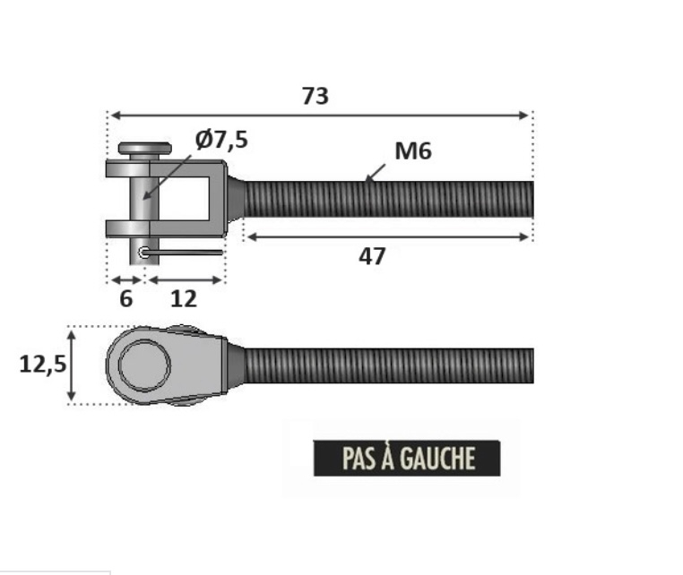 Chape standard filetée M6 avec son <b>pas à gauche</b>.Longueur totale 73mm, longueur du filetage 47mm, diamètre de la goupille Ø7,5mm, largeur 12,5mm. En inox 316, convient pour une utilisation en intérieur ou en extérieur. Pièce pour montage sans poteau à l'aide de la platine ronde avec anneau référence 30108 ou 30107 et d'un tendeur de câble référence 3062222, par exemple. Existe en filetage M8, référence 3062428.