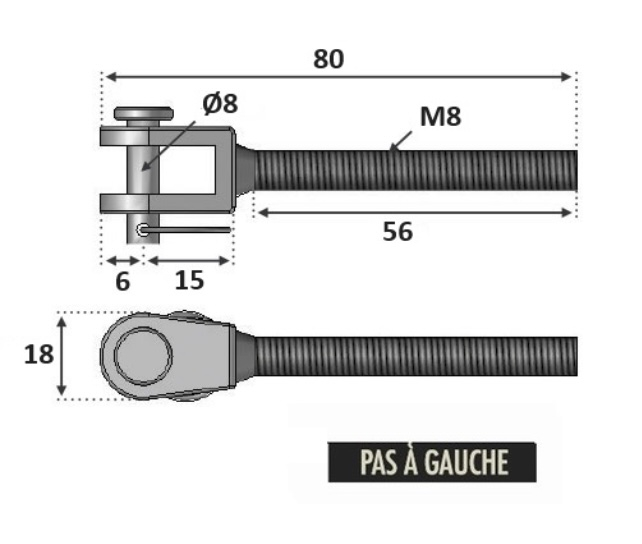 Chape standard filetée M8 avec son <b>pas à gauche</b>.Longueur totale 80mm, longueur du filetage 56mm, diamètre de la goupille Ø8mm, largeur 18mm. En inox 316, convient pour une utilisation en intérieur ou en extérieur. Pièce pour montage sans poteau à l'aide d'une platine ronde avec anneau et d'un tendeur de câble, droit ou rampant. Existe en filetage M6, référence 306242.