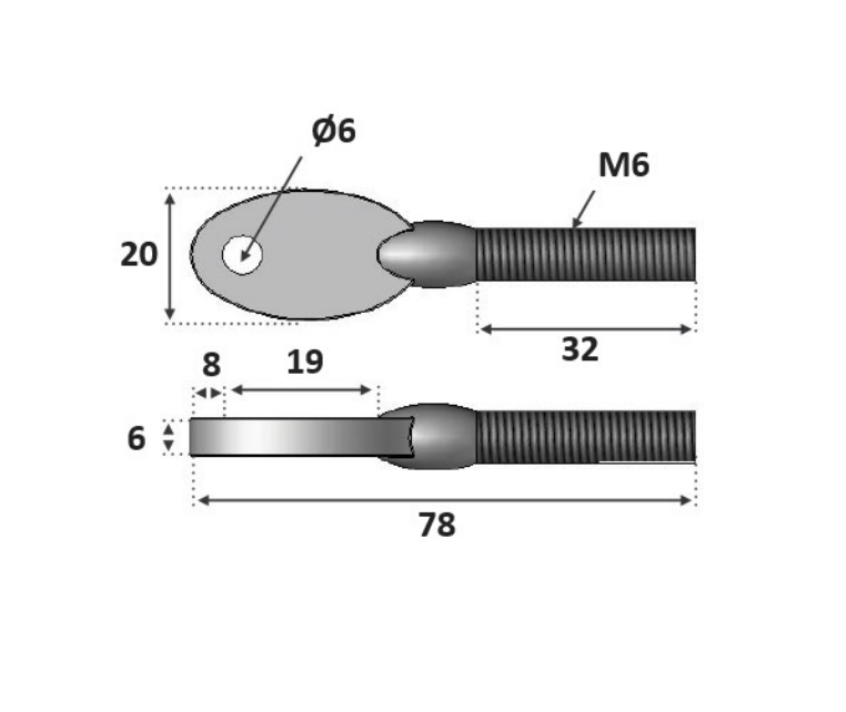 Vis à oeillet pour une chape standard, M6. Longueur 40mm épaisseur 7mm, filetée sur 20mm. En inox 316, convient pour une utilisation intérieur ou extérieur. À visser dans un poteau à l'aide de l'insert fileté référence 30801, sert à maintenir une chape référence  306242, peut être incluse dans un montage droit ou rampant.