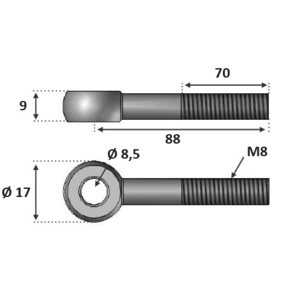 Vis à oeillet pour une chape standard, M6 avec pas droite. Longueur 40mm épaisseur 7mm, filetée sur 20mm. En inox 316, convient pour une utilisation intérieur ou extérieur. À visser dans un poteau à l'aide de l'insert fileté référence 308018, sert à maintenir une chape référence  3062428 et 3062418, peut être incluse dans un montage droit ou rampant.