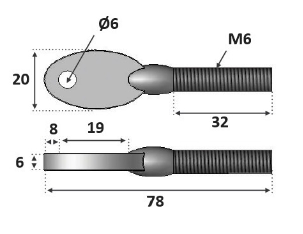 Oeillet design. Filetage en M6 de longueur 32mm. Longueur totale 78mm épaisseur 6mm percé diamètre Ø6mm. En inox 316, convient pour une utilisation en intérieur ou en extérieur. Permet la liaison entre le poteau (muni d'une vis) et une chape qui tiendra la fixation tendeur pour câble. Peut être monté sur un garde corps droit ou rampant.