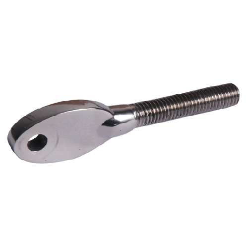 Oeillet design. Filetage en M6 de longueur 32mm. Longueur totale 78mm épaisseur 6mm percé diamètre Ø6mm. En inox 316, convient pour une utilisation en intérieur ou en extérieur. Permet la liaison entre le poteau (muni d'une vis) et une chape qui tiendra la fixation tendeur pour câble. Peut être monté sur un garde corps droit ou rampant.