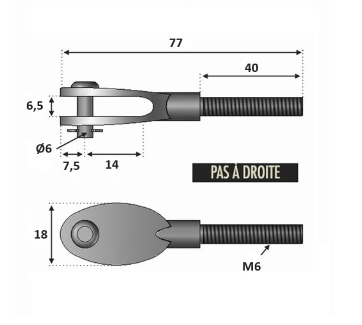 Chape design filetée M6 avec son <b>Pas À Droite</b>. Longueur totale 77mm, longueur du filetage 40mm, diamètre de la goupille Ø6mm, largeur 18mm. En inox 316, convient pour une utilisation en intérieur ou en extérieur. Pièce pour montage sans poteau à l'aide d'une platine ronde avec anneau et d'un tendeur de câble, droit ou rampant. Existe en filetage M8, référence 306253 et en pas à gauche, référence 306252.