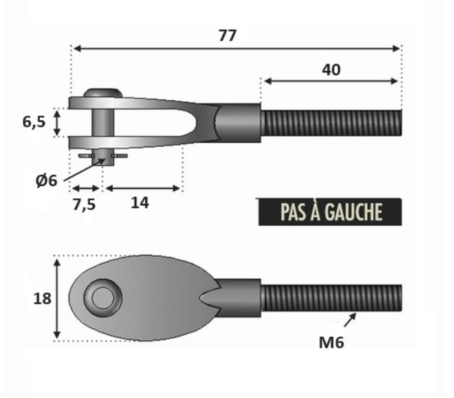 Chape design filetée M6 avec son <b>Pas À Gauche</b>. Longueur totale 77mm, longueur du filetage 40mm, diamètre de la goupille Ø6mm, largeur 18mm. En inox 316, convient pour une utilisation en intérieur ou en extérieur. Pièce pour montage sans poteau à l'aide d'une platine ronde avec anneau et d'un tendeur de câble, droit ou rampant. Existe en filetage M8, référence 306254 et en pas à droite, référence 306251.