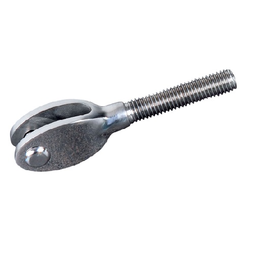 Chape design filetée M6 avec son <b>Pas À Gauche</b>. Longueur totale 77mm, longueur du filetage 40mm, diamètre de la goupille Ø6mm, largeur 18mm. En inox 316, convient pour une utilisation en intérieur ou en extérieur. Pièce pour montage sans poteau à l'aide d'une platine ronde avec anneau et d'un tendeur de câble, droit ou rampant. Existe en filetage M8, référence 306254 et en pas à droite, référence 306251.