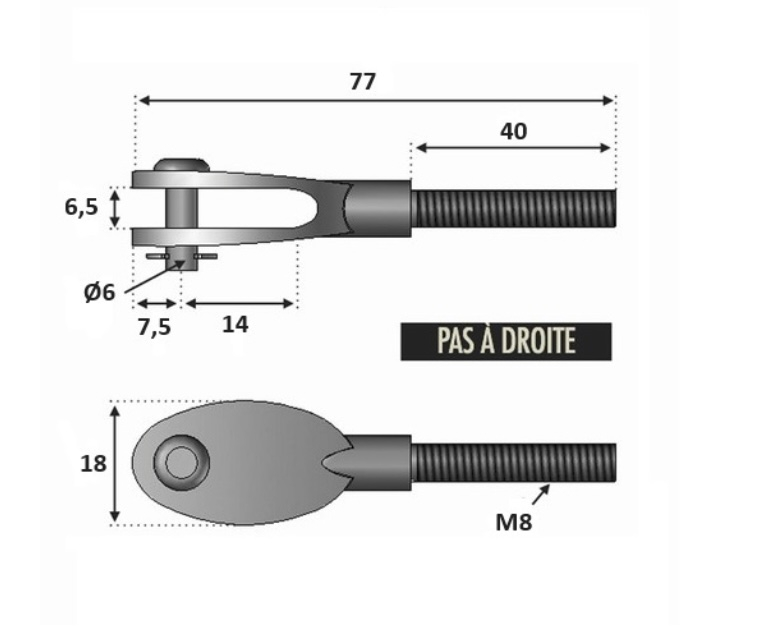 Chape design filetée M8 avec son <b>Pas À Droite</b>. Longueur totale 77mm, longueur du filetage 40mm, diamètre de la goupille Ø6mm, largeur 18mm. En inox 316, convient pour une utilisation en intérieur ou en extérieur. Pièce pour montage sans poteau à l'aide d'une platine ronde avec anneau et d'un tendeur de câble, droit ou rampant. Existe en filetage M6, référence 306251 et en pas à gauche, référence 306254.